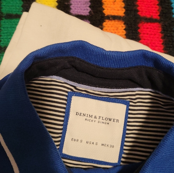 Demin & Flower Ricky Singh Blue Black White Collar Tee Shirt Men's Size S Small - Picture 3 of 3